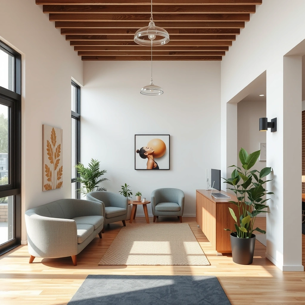 Modern wellness center reception area with natural lighting and comfortable seating