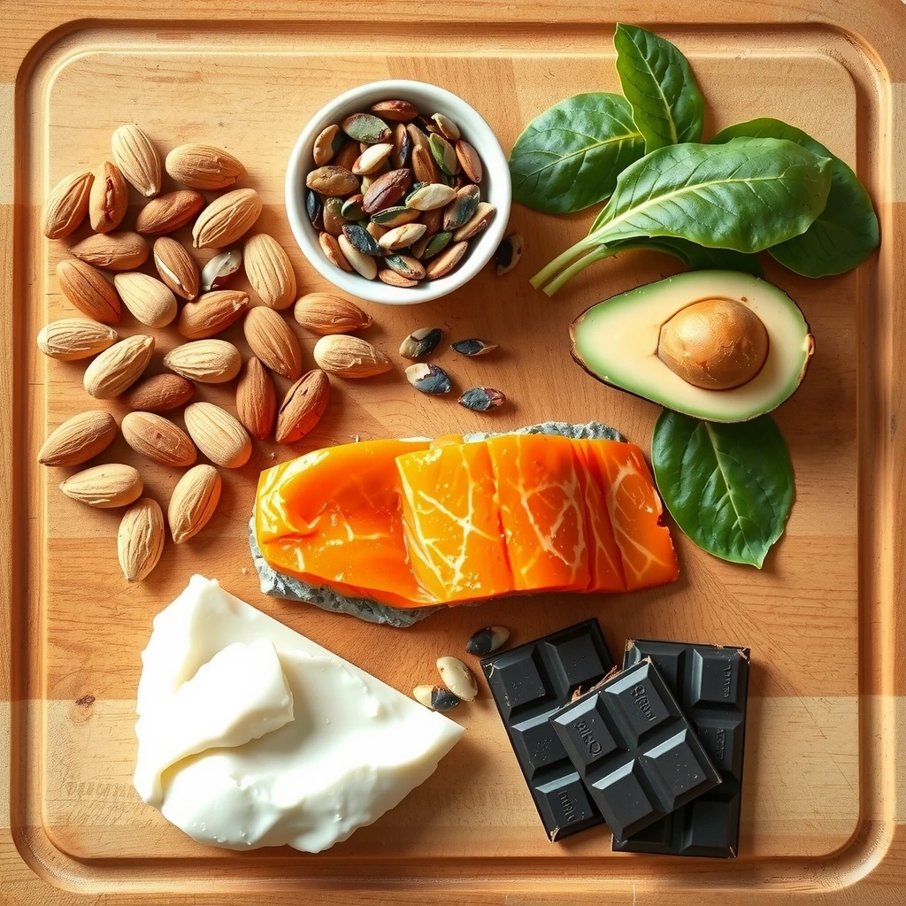 Various mineral-rich foods including nuts, seeds, leafy greens, and seafood displayed on a wooden cutting board